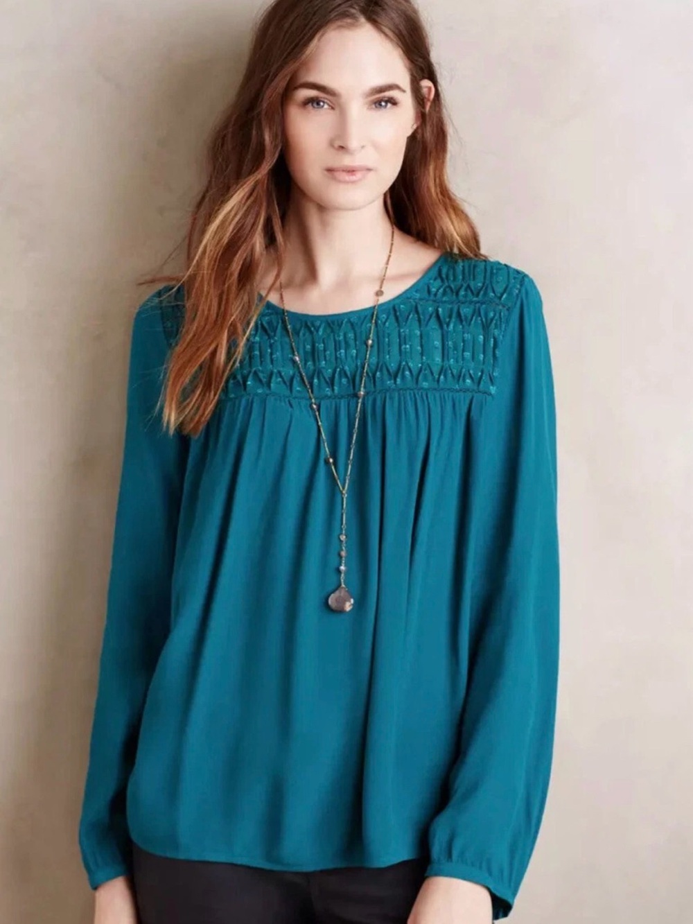 Anthropologie Meadow Rue Vivie Teal Blouse Medium Boho Fall Autumn Office Indie